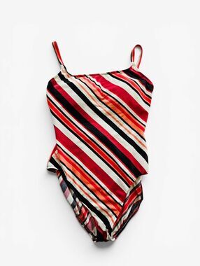 Vintage Leilani Diagonal Striped One Piece Hook Back Cutout Swim Bathing Suit 10